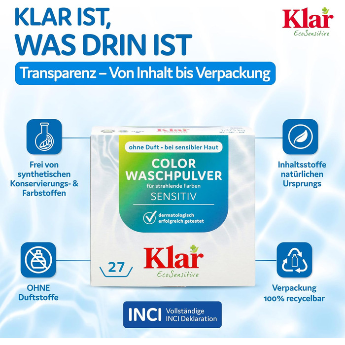 Пральний порошок для кольорових речей Klar EcoSensitive SENSITIV, гіпоалергенний, без ароматизаторів, 4.75 кг (набір 2 шт по 2.375 кг)