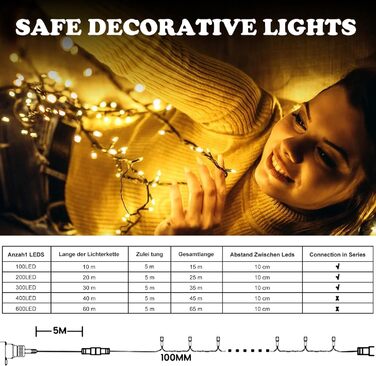 Льодогенератор JSdoin 100/200/300/400/600 LED, вологостійка гірлянда для декору саду, дому, вечірки, ялинки, з таймером, 8 режимів, тепле біле світло, 100 LED