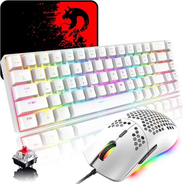 Ігровий комплект клавіатури та миші RGB, 68 клавіш, Red Switch, 60% механічна клавіатура, миша 6400DPI, USB-кабель, сумісна з Windows, Mac, PS4, білий колір