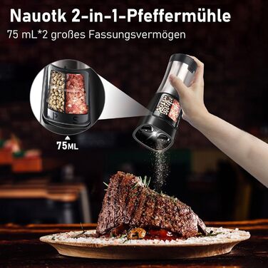 Nauotk 2-in-1 Electric Salt and Pepper Grinder, Battery Powered, Adjustable Coarseness, Automatic Salt and Pepper Grinder with LED, Double Nozzle, One-Hand Operation, Spice Grinder for Kitchen (USB)