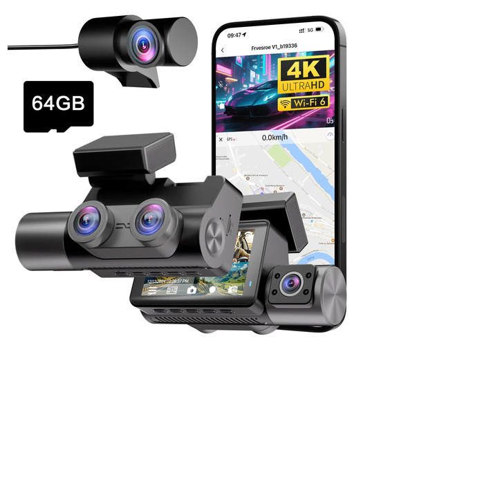 Відеореєстратор для авто 3-Kanal 4K UHD + Full HD (передня 170°, задня 140°, внутрішня 140°) з GPS, WiFi 6, нічним баченням HDR/WDR, 24/7 паркування, 64GB карта пам'яті