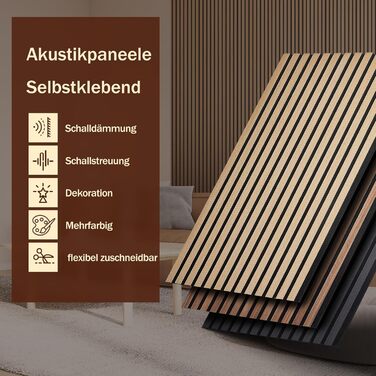 Акустичні панелі з натурального шпона дуба, самоклеючі (набір 2 шт, 100x52 см) для шумоізоляції та декору стін у вітальні, офісі та спальні
