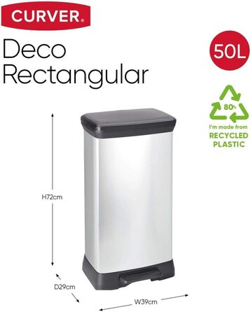Сміттєвий відер Curver Deco Bin 50Л для кухні з педаллю, системою Soft-Close, герметичним кришкою та антивідбитковим покриттям, сріблясто-чорний (металевий ефект)