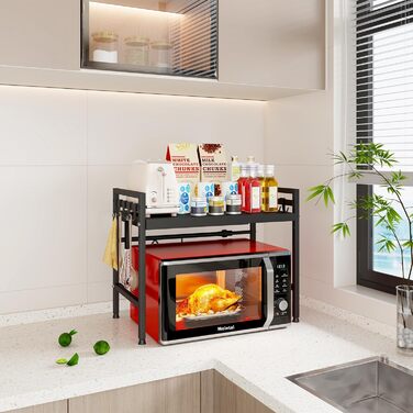 Регульована підставка для мікрохвильової печі, 2-ярусна розширювана, з вуглецевої сталі, з 8 гачками, (2 шт., чорний)