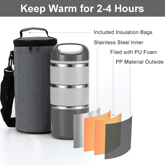 Ланчбокс Lille Home з нержавіючої сталі 1.43л, 3-рівневий, ізольований, без BPA, для жінок та чоловіків, білий