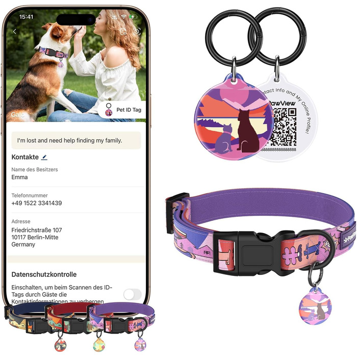 Набір повідка та нашийника для собак, регульований, для щоденних прогулянок, фіолетовий, XS (22-30 см, 1.5 м)