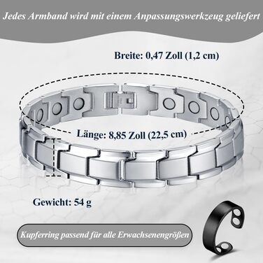 Браслет магнітний чоловічий Vicmag з титанової сталі, подвійний ряд магнітів, регулювальний інструмент, подарункова коробка (однорядний, срібний)