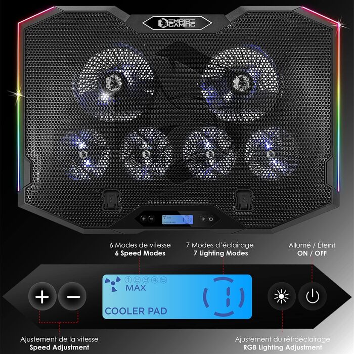 Ігровий охолоджувач для ноутбука EMPIRE GAMING Guardian S-C100 RGB, 6 вентиляторів, LCD-контролер, 5 рівнів висоти, підставка для смартфона, для ноутбуків 12-17 дюймів