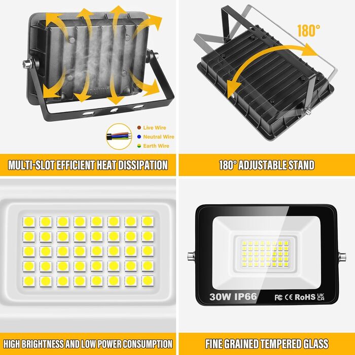 RIGIDON 2x 75W LED Floodlights Outdoor, 7500LM Outdoor Floodlight, 6000K Cool White IP66 Waterproof LED Floodlight Spotlight Floodlight, Outdoor Light for Garden, Courtyards, Garage, Hotel, Sports Field, Workshop (2 x 30W)