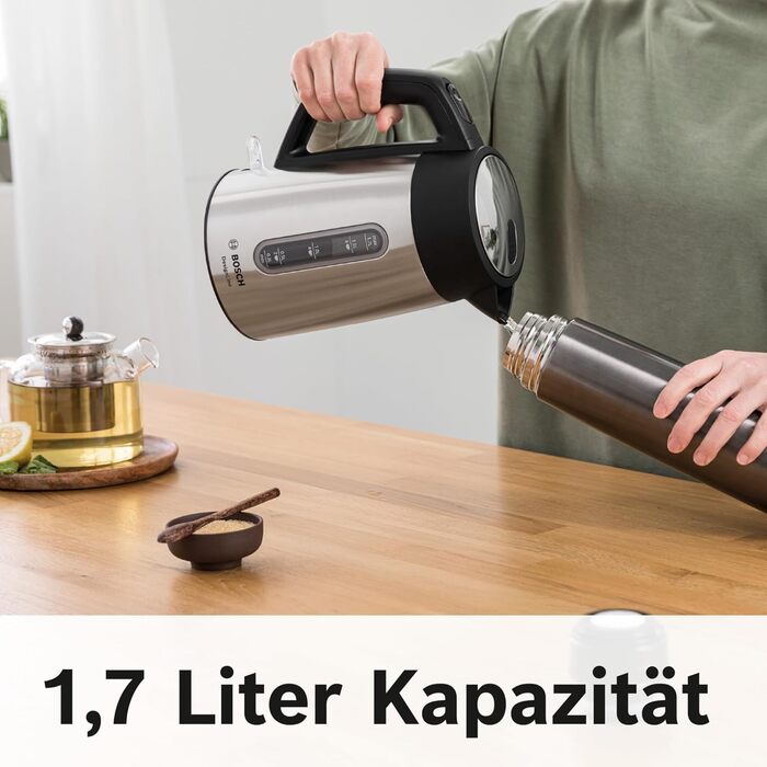 Електричний чайник Bosch DesignLine TWK4P440, 1.7 л, нержавіюча сталь/чорний, з індикатором рівня води та захистом від перегріву