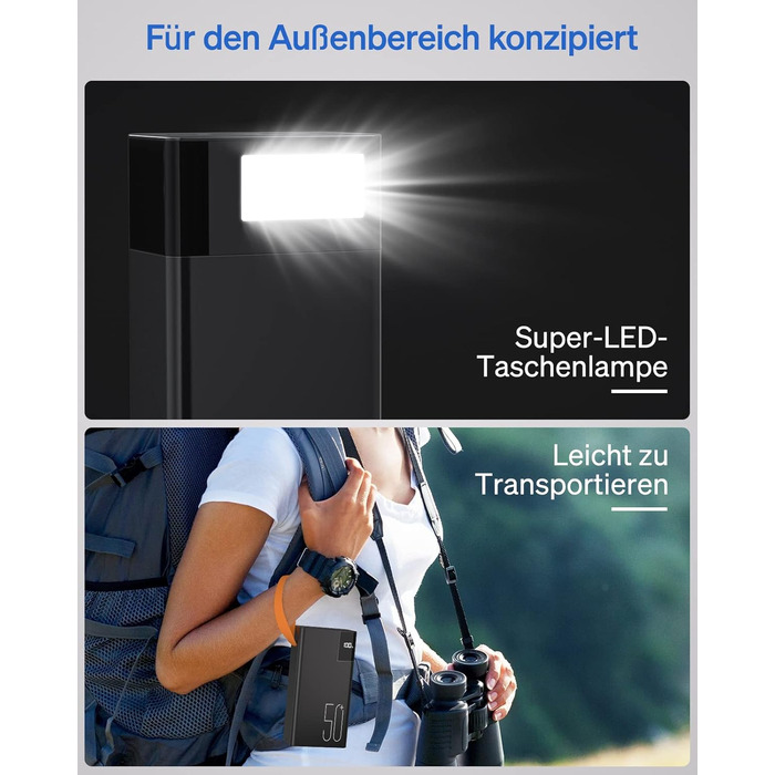 Power Bank 50000mAh: Портативний зарядний пристрій з великою ємністю 2×25000mAh, швидка зарядка 22,5W, ліхтарик, чорний