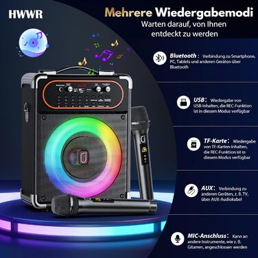 Караоке машина з 2 мікрофонами, портативна Bluetooth колонка з LED-підсвічуванням, Party Box, підтримує USB/TF-картку/AUX/FM, чорний S-68