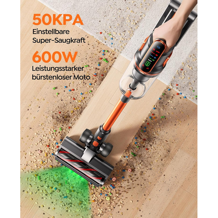 Бездротовий пилосос Fieety з акумулятором, 600W, 50kPa, 65 хв роботи, док-станція на стіні, ароматерапія, автоматичний режим, сенсорний дисплей, висувний шланг 1 м для твердих поверхонь, килимів, шерсті тварин та авто