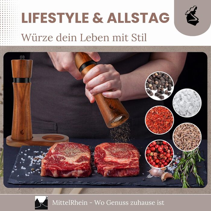 Дерев'яна мельниця для солі та перцю LORELEY® Mittelrhein Germany з керамічним механізмом – з підставкою та пензлем – у подарунковій коробці. Ідеальний подарунок на весілля або новосілля (Deluxe з нержавіючої сталі)