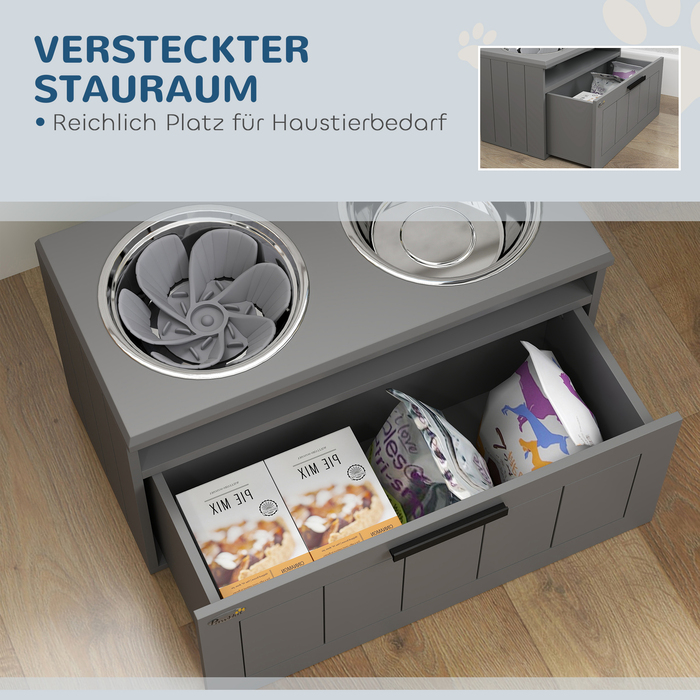 PawHut Large Dog Feeding Station with 2 Stainless Steel Bowls, Drawer, and Pet Food Dispenser - MDF, Steel, Gray