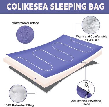 Сплячі мішки Colikesea для дорослих, підлітків та дітей – на 3-4 сезони, для теплої та холодної погоди, легкі, водонепроникні, для подорожей з рюкзаком, піших прогулянок та кемпінгу, фіолетовий колір, блискавка справа, односпальні