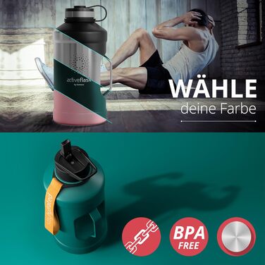 Спортивна пляшка з нержавіючої сталі ACTIVE FLASK 2,2 л з трубочкою, 3 кришки, BPA-free, герметична, для води і газованих напоїв, XL пляшка для спорту, фітнесу, туризму, темно-бірюзова