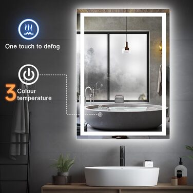 Дзеркало для ванної кімнати зі світлодіодним підсвічуванням 50x70 см, LED дзеркало з сенсорним вимикачем, дзеркало для ванної кімнати, настінне дзеркало для ванної кімнати, 80x60 см з 3-кольоровим регулюванням яскравості