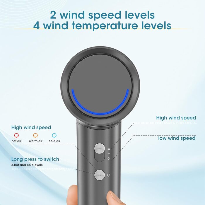 Фен Vasip з безщітковим мотором 110 000 об/хв, 200 млн негативних іонів, дифузор та концентратори, 4 режими нагріву та 2 швидкості