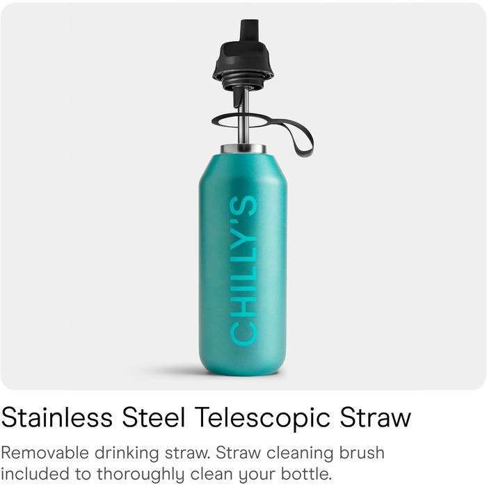 Chilly's Series 2 Flip Bottle - Thermos Flask with Sport Cap, Telescopic Straw, and Nylon Carry Loop - Stainless Steel Bottle with Easy Flip Opening, Includes Straw Cleaning Brush (Atlantis, 1000ml)