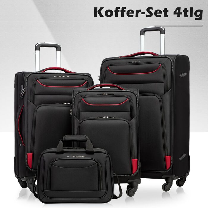 Набір валіз COOLIFE 4 в 1: дорожній набір з тканини, ручна валіза, TSA-замок, велика сумка на плечі (чорний+червоний)