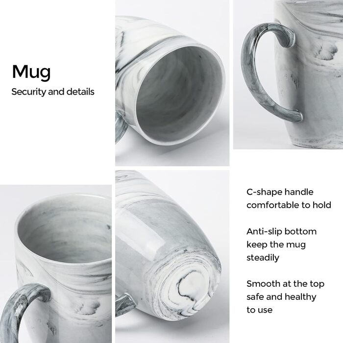 Smilatte Unique Coffee Cups, M067, Marble-Ceramic Cup for Home and Office, Microwave-Safe, Set of 4, Gray