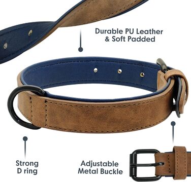 Нашийник для собак Didog з м'якої шкіри, регульований, з нержавіючою металевою застібкою, L (33-43 см, 10-20 кг, Колір: Коричневий)
