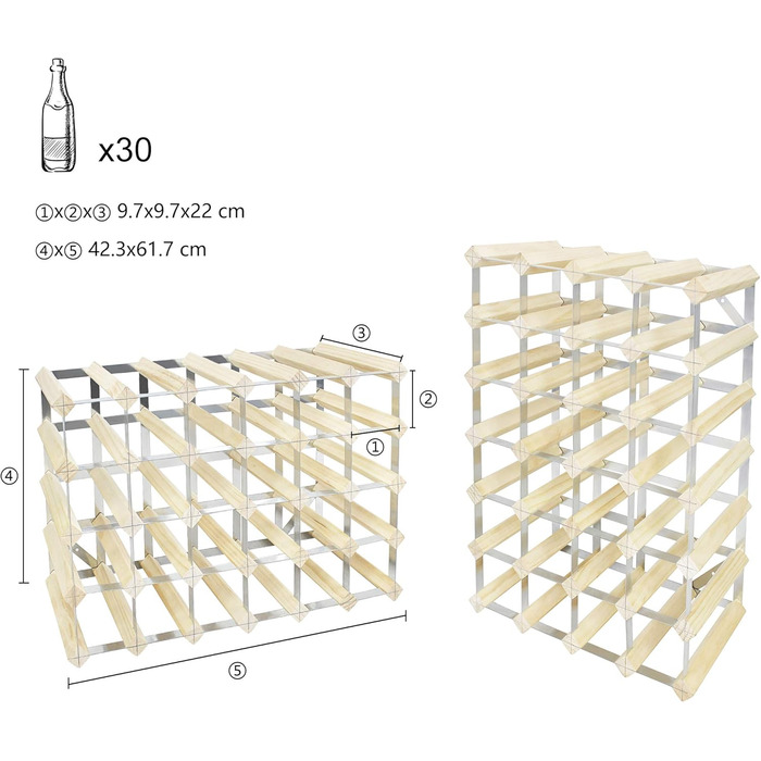 Todeco - Wine Rack, Bottle Rack, Wine Stand, Wine Holder, Wine Rack Wood for 30, Natural Wood