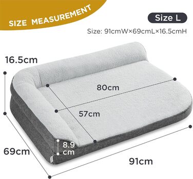 Orthopedic Dog Bed for Large Dogs - 106.6x76x16.5cm Dog Sofa with Egg-Shaped Foam and Waterproof Inner Liner, Cozy Washable Dog Couch Bed, Grey (L 91 x W 69 x H 17 cm)