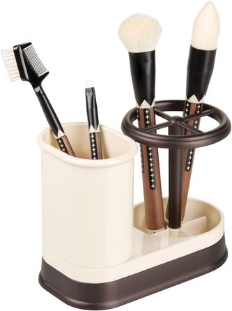 mDesign Toothbrush Holder - high-quality toothbrush holder made of plastic for the bathroom sink or vanity cabinet - practical holder for toothbrushes and toothpaste - white and matte silver (Vanilla/Bronze)