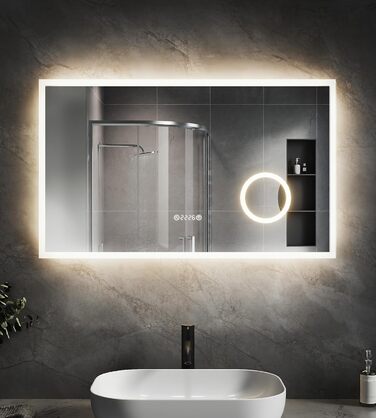 Дзеркало для ванної кімнати SVNR з підсвічуванням 40x60 см, LED, алюмінієва рама, захисне скло, IP44, 3 кольори світла, антизапар, годинник, 5x лупа, розетка для гоління