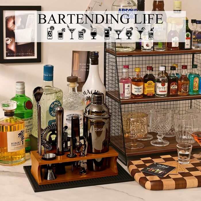750ml Stainless Steel Cocktail Shaker Set with Bamboo Stand & Recipe Book - 17 Piece Bar Set for Bartenders, Gifts for Women