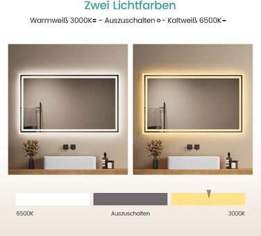 Дзеркало для ванної кімнати EMKE з підсвічуванням 40x60 см LED, антизапар, холодний/теплий білий світ, з кнопкою, алюмінієва рама, IP44, енергозберігаюче