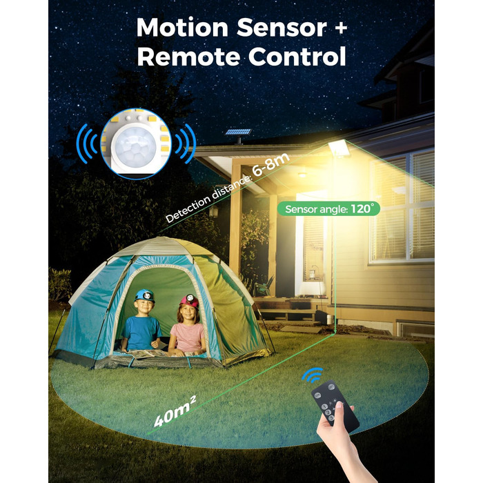 LOTMOS 2 Pack Solar Lights for Outdoor with Motion Sensor, 342 LED Outdoor Light Solar IP65 Waterproof Solar Spotlight 3 Modes with Remote Control, Solar Lamp Outdoor for Garden Garage Exterior (Warm White, 4 Pack)