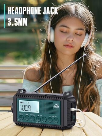 Радіо на сонячній батареї та ручному заводі Kurbelradio 12000 mAh з LED ліхтарем, AM/FM/SW, для надзвичайних ситуацій, чорний