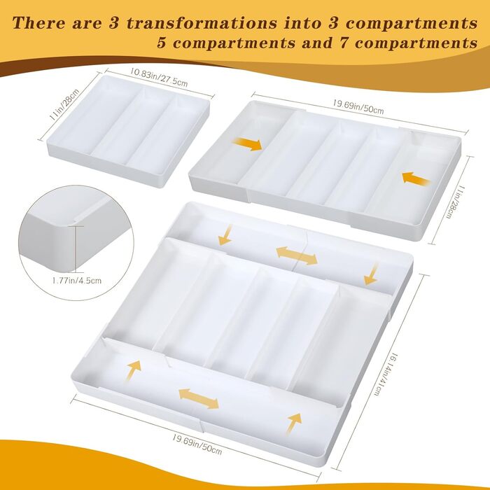 Органайзер для столових приборів в шухляду, розсувний, 27.5-50 см, 3-7 відділень, пластик, для кухні