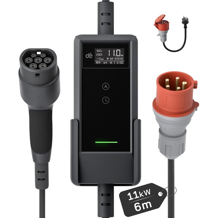 Зарядна станція для електромобілів Dé Mobile 11 кВт (6 м) з регулюванням потужності, кабель CEE 16A на Typ 2, сумісна з Model Y/3, ID.3/4/5, MG4, EX30, e-up, e-tron та BEV/PHEV