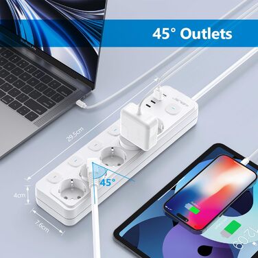 Смуга розеток JSVER на 5 розеток з індивідуальним вимикачем, 2 USB-A та 2 USB-C (17W), 2м кабель живлення для смартфонів та ноутбуків - білий