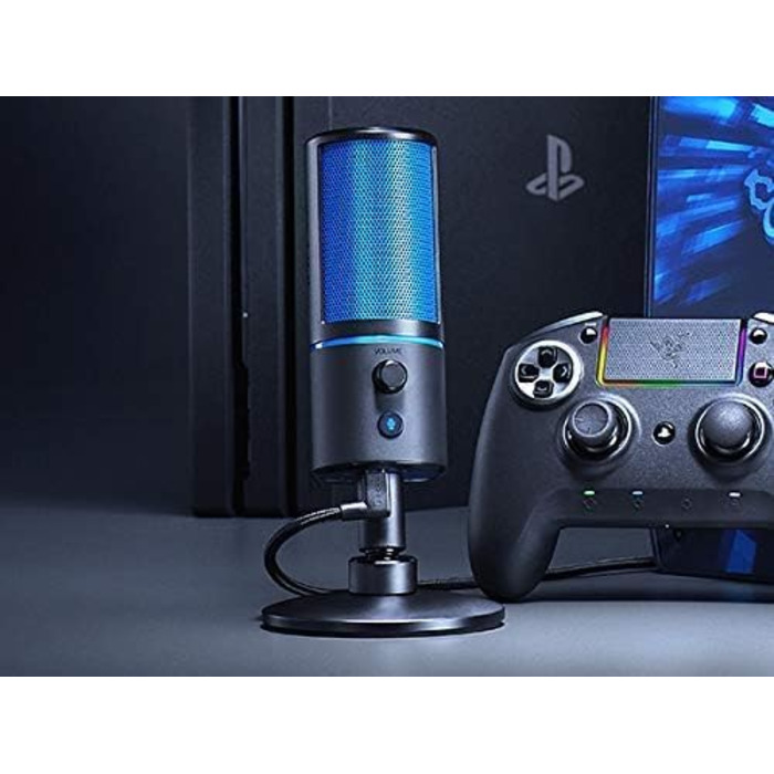 Razer Seiren X для PlayStation - USB конденсаторний мікрофон для стрімінгу PS4/PS5 (чорно-синій) з антивібраційним кріпленням та кнопкою вимкнення звуку