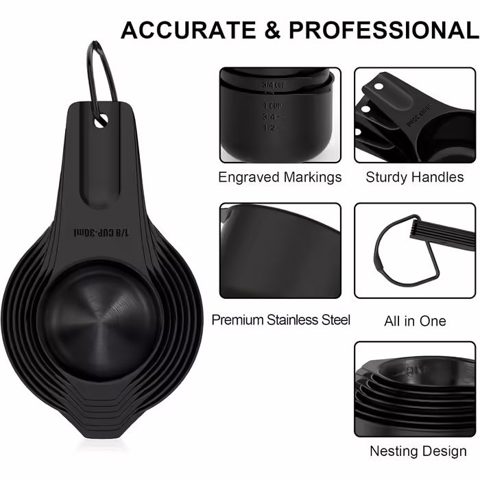 Stainless Steel Measuring Cups Wildone Metal Measuring Cup Set with easy-to-read markings for measuring dry or liquid ingredients 7-piece set (black)