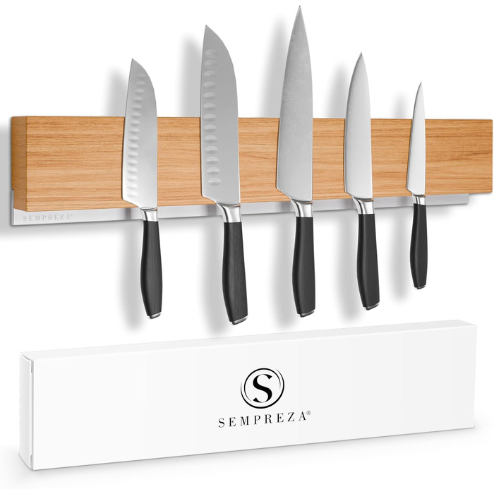 SEMPREZA® Magnetic Knife Strip | 40cm | Oak Wood & Stainless Steel | for Gluing or Screwing | Magnetic Knife Holder | Magnetic Knife Rail | Self-adhesive Magnetic Knife Holder