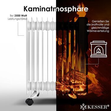 Електричний масляний радіатор KESSER® 2500W з вентилятором, 11 ребер, білий. Масляний обігрівач з таймером, регулюванням температури та захистом від перегріву.