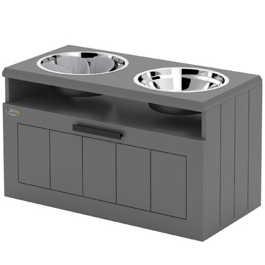 PawHut Large Dog Feeding Station with 2 Stainless Steel Bowls, Drawer, and Pet Food Dispenser - MDF, Steel, Gray