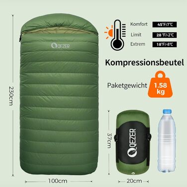 Спальний мішок XXL з пуху на 3-4 сезони, 230x100 см, для дорослих, кемпінг, походи, 3°C, чорний/зелений