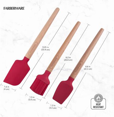 Farberware Wooden Baking Set, including mini baking brush, slotted spatula, perfect for sweet and savory dishes, 3-piece set, red