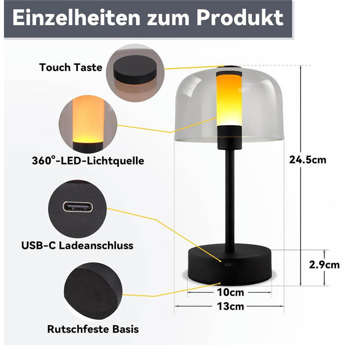 LED настільна лампа Homefire з акумулятором, диммуванням та USB-C зарядкою. Чорна металева лампа з акрилом, сенсорне керування, 1800K-6500K, з функцією пам'яті для дому