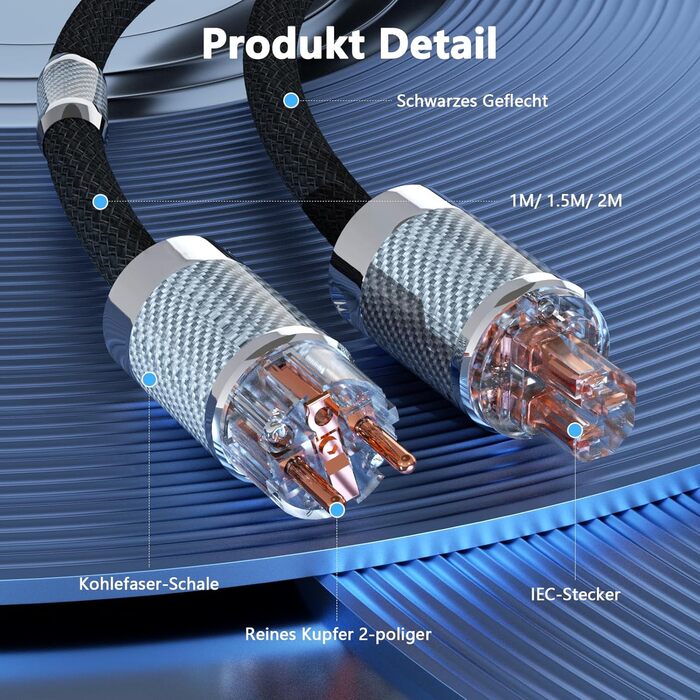 HiFi мережевий кабель Audiophile 10AWG з родієвим роз'ємом IEC320-C15, для підсилювача, сабвуфера та програвача вінілу, вуглецеве волокно, 2м