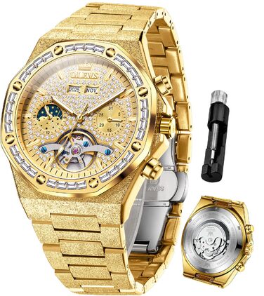 Чоловічий наручний годинник OLEVS G9805 аналоговий, сталевий ремінець, золотий колір, водонепроникний, з календарем та підсвіткою