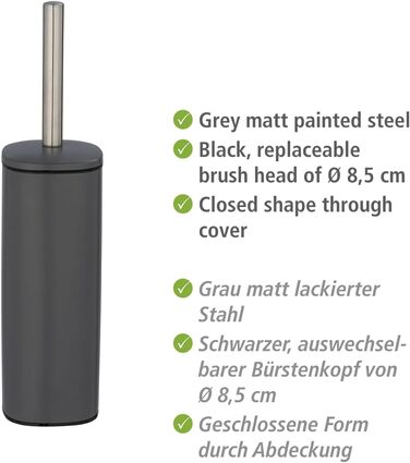 Набір для туалету WENKO Alassio: щітка для унітазу з висувним тримачем, змінна головка 8,5 см, чорний метал, 9,3 x 39,2 x 9,3 см, матовий сірий