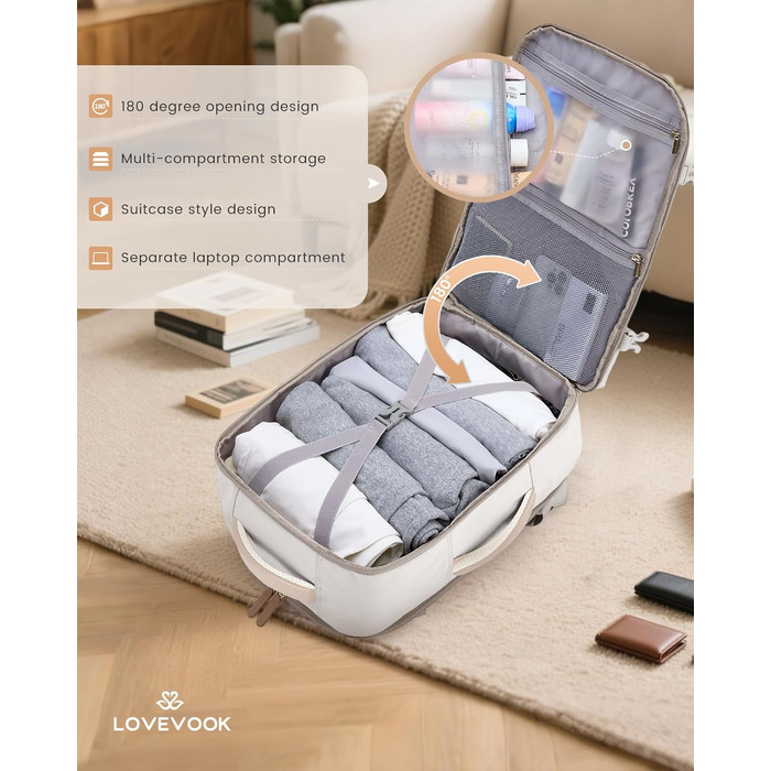 LOVEVOOK Рюкзак для ручної поклажі 40л, для подорожей, з відділенням для ноутбука 17.3 дюймів, з вологостійким відділенням, 45x36x20 см, бежевий/хакі